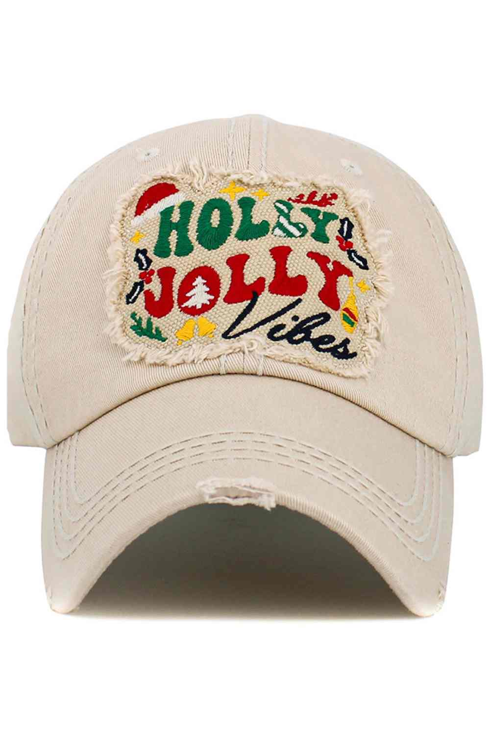 Stone The HOLLY JOLLY VIBES Christmas holiday vintage ballcap features a cheerful festive slogan with a washed, retro finish for cozy seasonal style. Comfortable and adjustable, it’s perfect for spreading holiday cheer at gatherings, outings, or everyday winter wear.