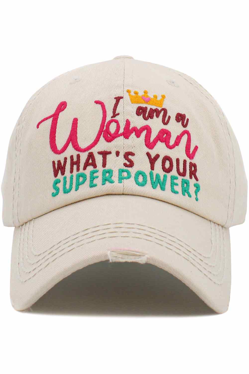 Stone The I AM A WOMEN SUPERPOWER Vintage Ball Cap features a bold, empowering statement with a classic vintage wash for a timeless, confident look. Designed for everyday comfort, this cap pairs effortlessly with casual outfits while making a strong, inspiring style statement.