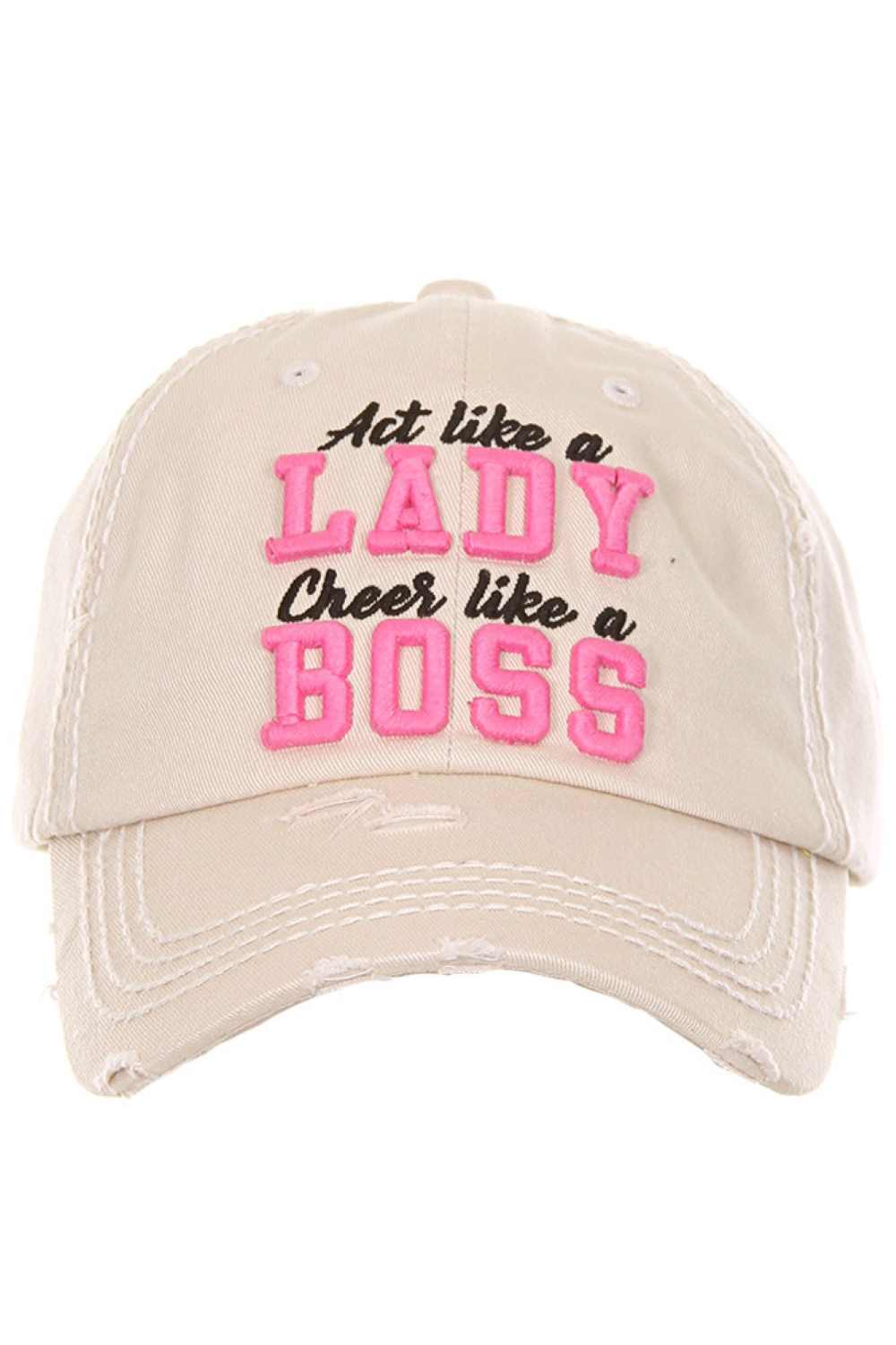 Stone Make a confident style statement with the Lady Boss washed vintage baseball cap, featuring a classic distressed finish and bold embroidered design. Comfortable and adjustable for everyday wear, this casual cap is perfect for errands, outings, or empowered weekend looks.