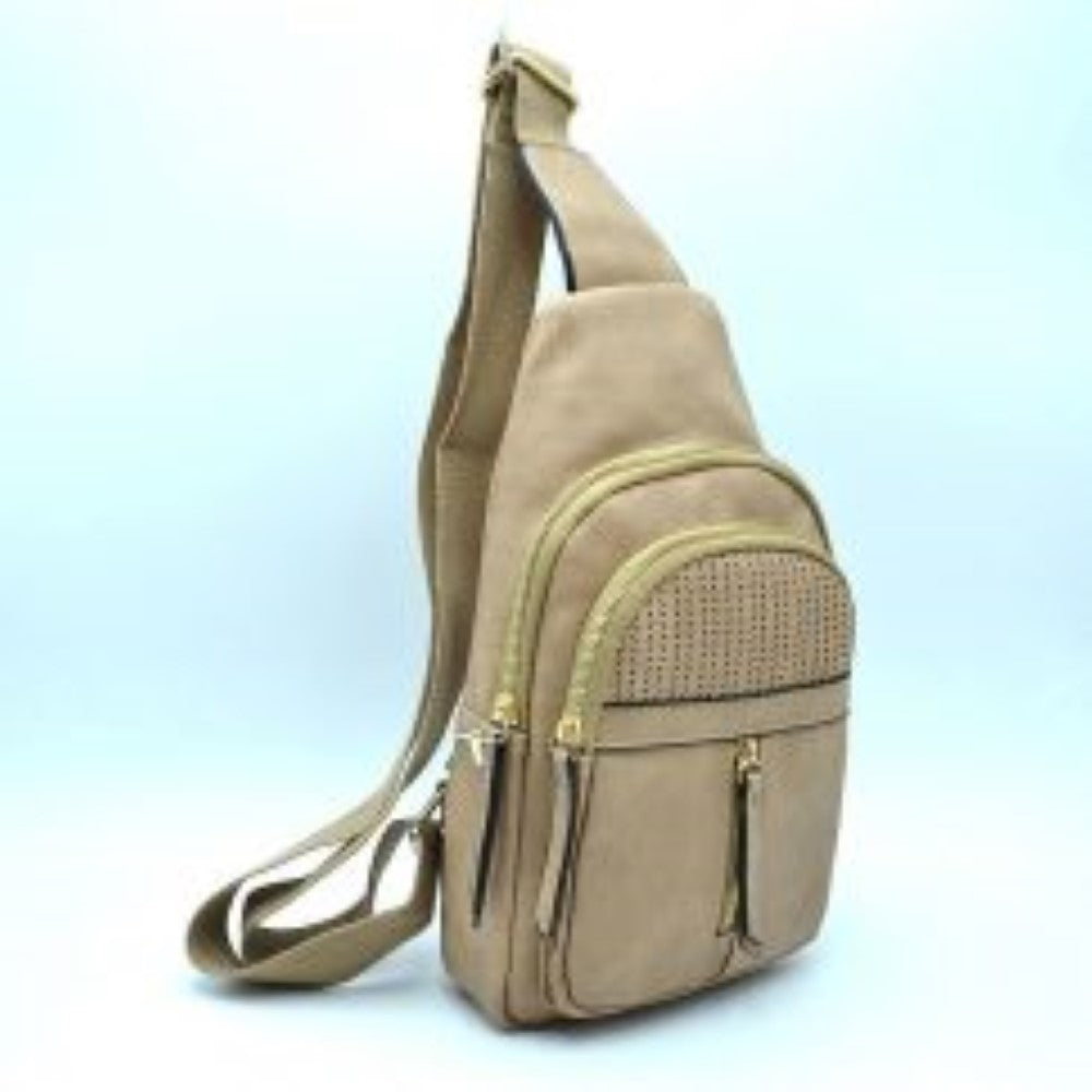 Stone This functional sling bag features a textured, subtly grained exterior with an asymmetric silhouette ideal for active everyday use. It provides multiple organized storage compartments, including a spacious curved main section, an intermediate arched front pocket with a decorative perforated design, and a lower pouch featuring a vertical zipper closure and an elongated pull tab. The design is completed by a single wide