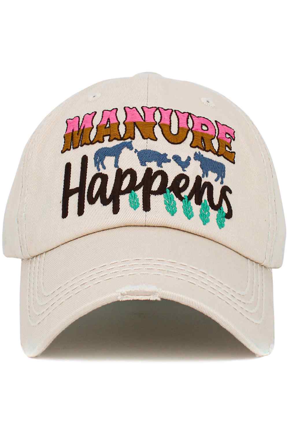 Stone The MANURE HAPPENS vintage baseball cap features a humorous slogan paired with a washed, distressed look for laid-back, rustic style. Designed for comfort with an adjustable fit, it’s perfect for farm life, outdoor work, or casual everyday wear.