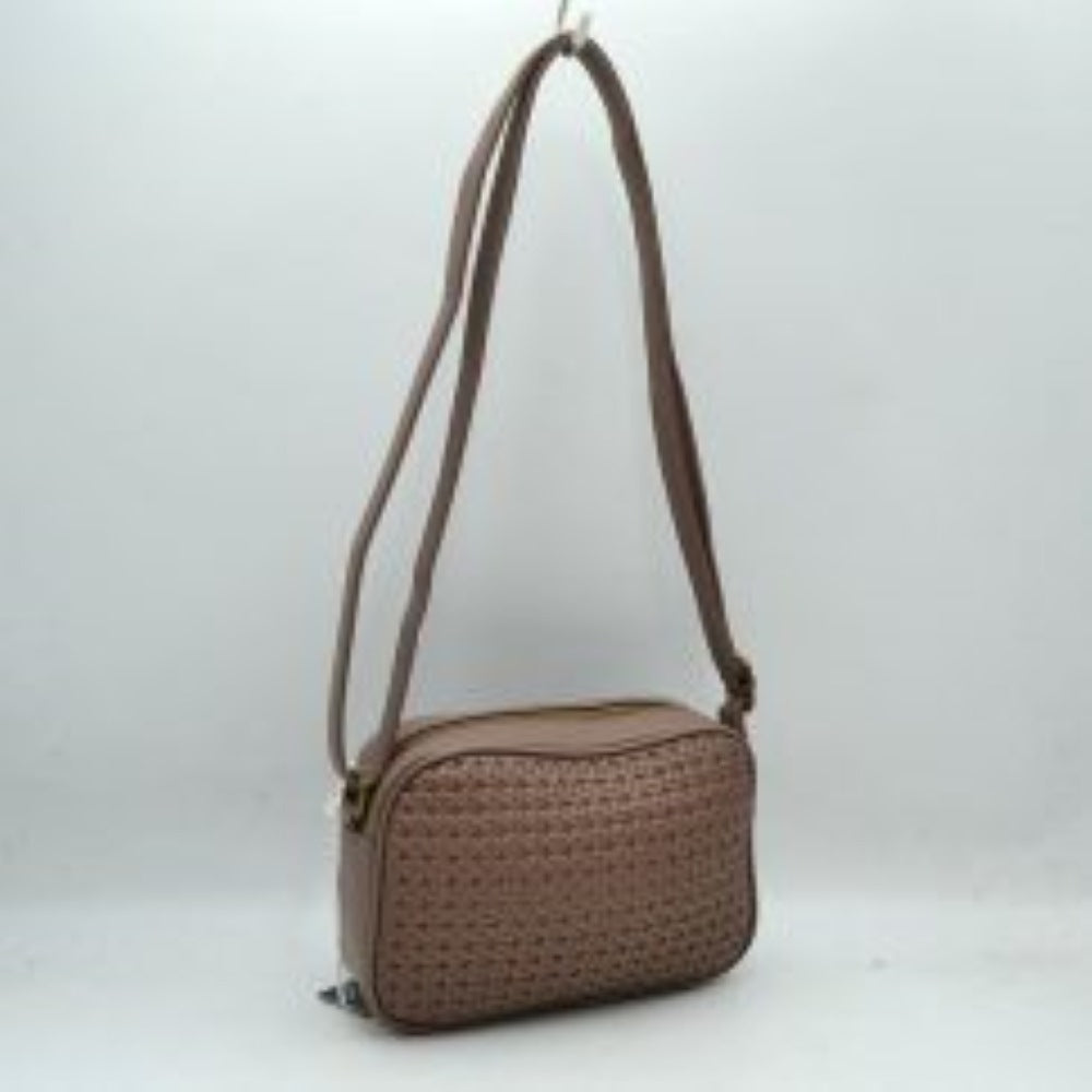 Stone This stylish crossbody bag combines a smooth, classic black exterior with an intricate woven front panel, offering a textured and sophisticated look for everyday use. Its compact, rectangular camera-bag silhouette features a secure top zipper closure with gold-tone hardware to keep your daily essentials safe and organized. Completed with a long, matching adjustable shoulder strap, this versatile bag can be styled comfortably over the shoulder or across the body for hands-free convenience.