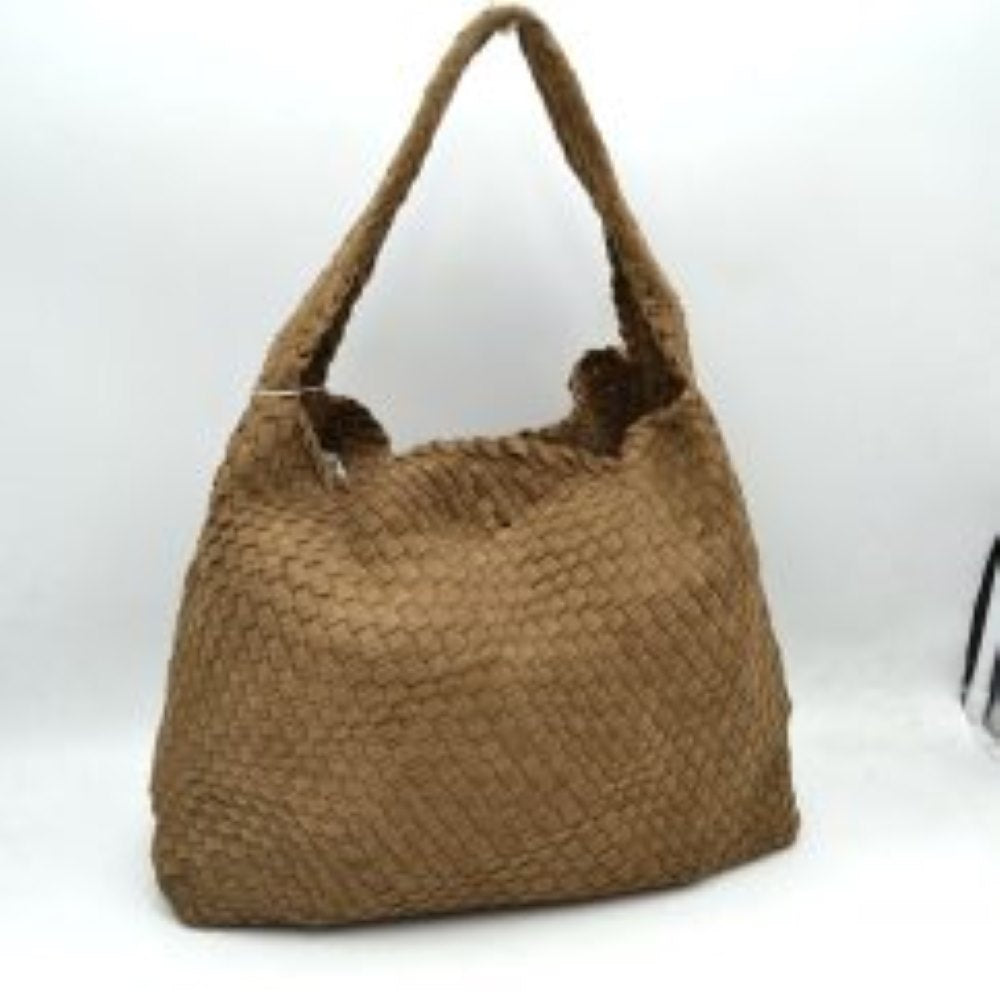 Stone This relaxed, slouchy shoulder bag showcases a beautifully textured, fully woven exterior in a classic checkerboard style. It is designed with a spacious, scooped hobo silhouette that naturally molds to the body for comfortable daily wear. The wide, integrated shoulder strap extends seamlessly from the side panels, ensuring durable carrying capacity while maintaining a clean, hardware-free aesthetic suitable for both casual and smart-casual ensembles.