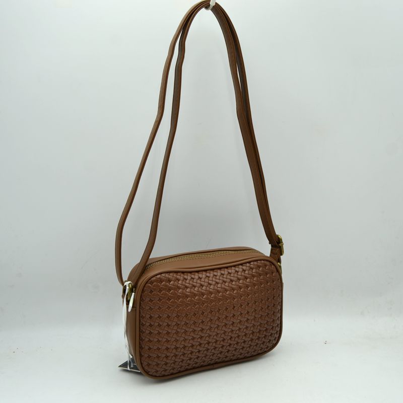 Woven Camera Crossbody Bag with Adjustable Shoulder Strap - Brown - Crossbody Bags