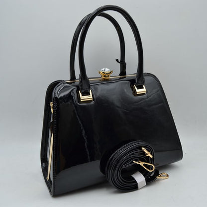 Patent Frame Satchel Handbag with Top Handles and Pearl Clasp - Black - Satchel Bag