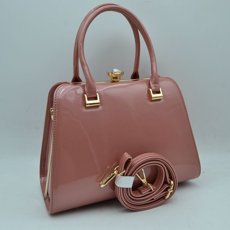 Patent Frame Satchel Handbag with Top Handles and Pearl Clasp - Mauve - Satchel Bag