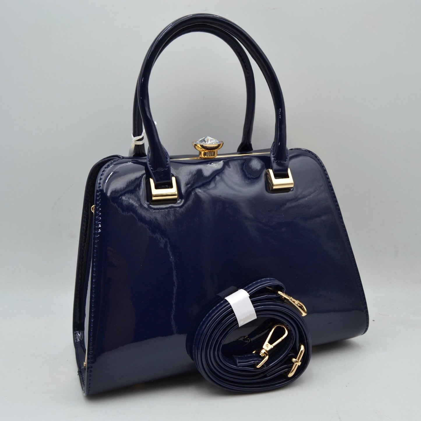 Patent Frame Satchel Handbag with Top Handles and Pearl Clasp - Navy Blue - Satchel Bag