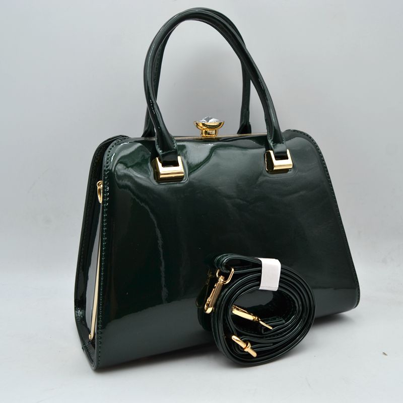 Patent Frame Satchel Handbag with Top Handles and Pearl Clasp - Olive - Satchel Bag