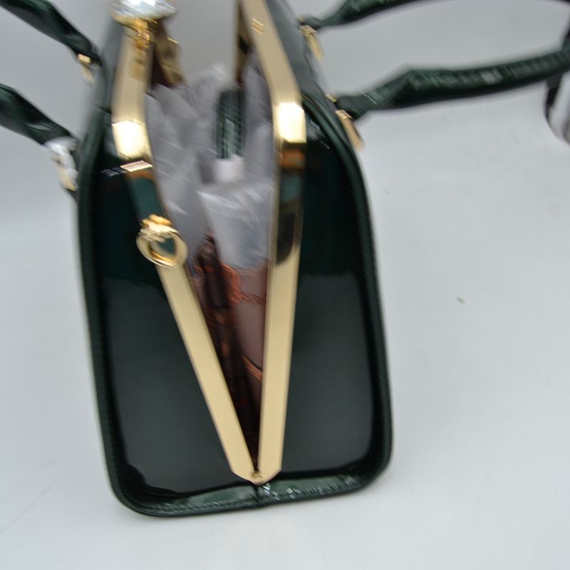 Patent Frame Satchel Handbag with Top Handles and Pearl Clasp - Satchel Bag