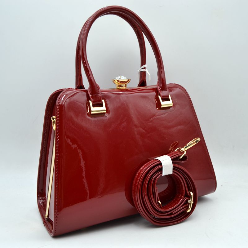 Patent Frame Satchel Handbag with Top Handles and Pearl Clasp - Wine - Satchel Bag