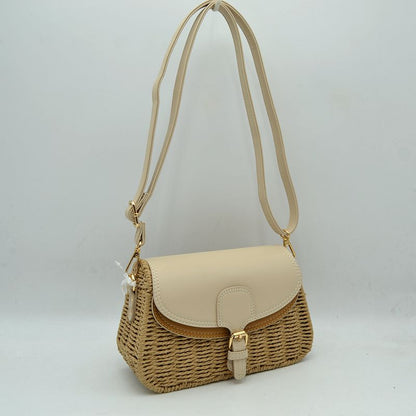 Woven Shoulder Bag with Adjustable Strap and Flap Closure - Beige - Shoulder Bag