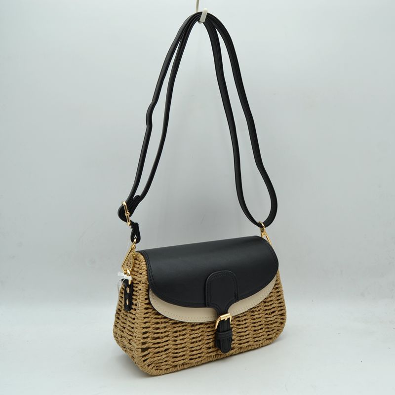 Woven Shoulder Bag with Adjustable Strap and Flap Closure - Black - Shoulder Bag