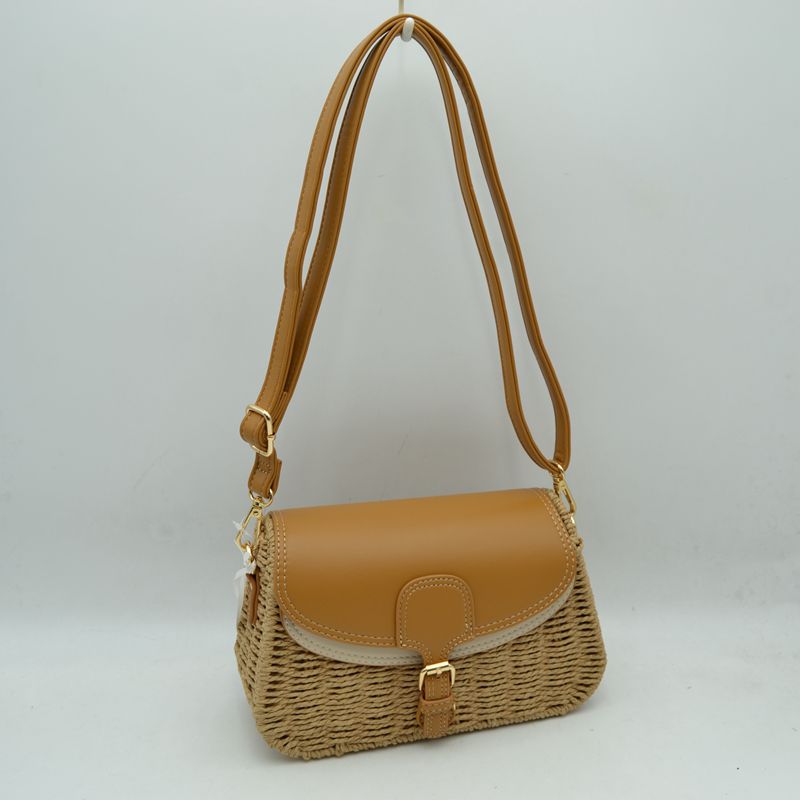 Woven Shoulder Bag with Adjustable Strap and Flap Closure - Khaki - Shoulder Bag