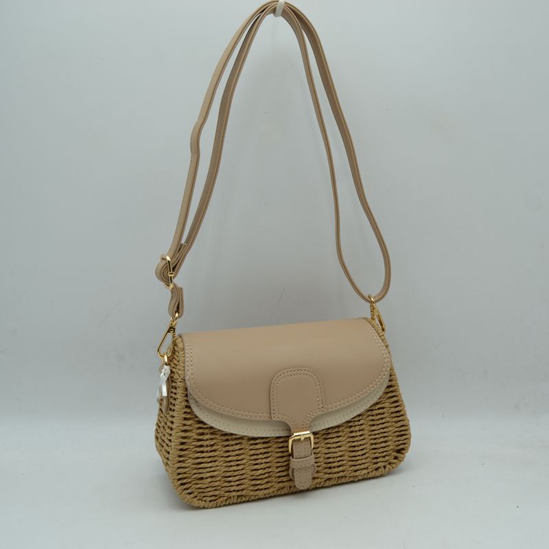 Woven Shoulder Bag with Adjustable Strap and Flap Closure - Tan - Shoulder Bag