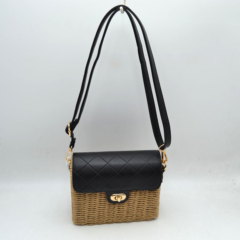 Quilted Flap Woven Straw Crossbody Bag with Adjustable Shoulder Strap - Crossbody Bag