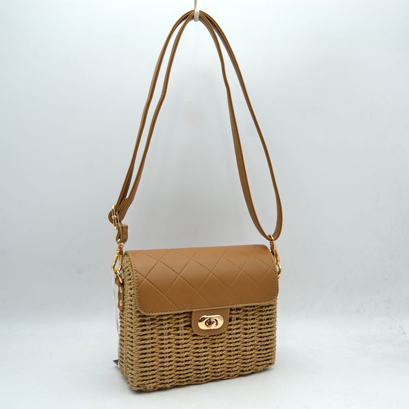 Quilted Flap Woven Straw Crossbody Bag with Adjustable Shoulder Strap - Brown - Crossbody Bag
