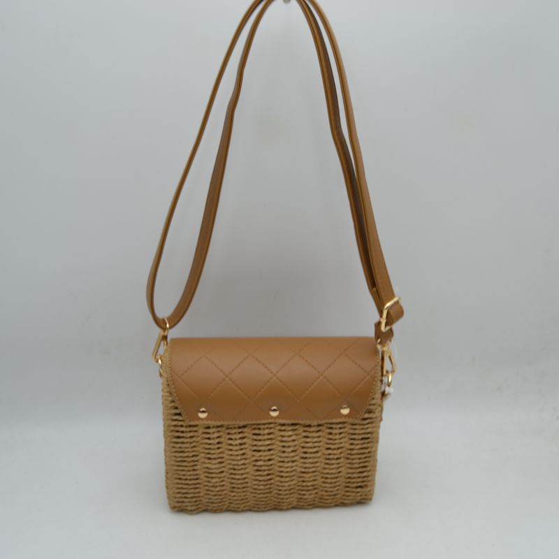 Quilted Flap Woven Straw Crossbody Bag with Adjustable Shoulder Strap - Crossbody Bag