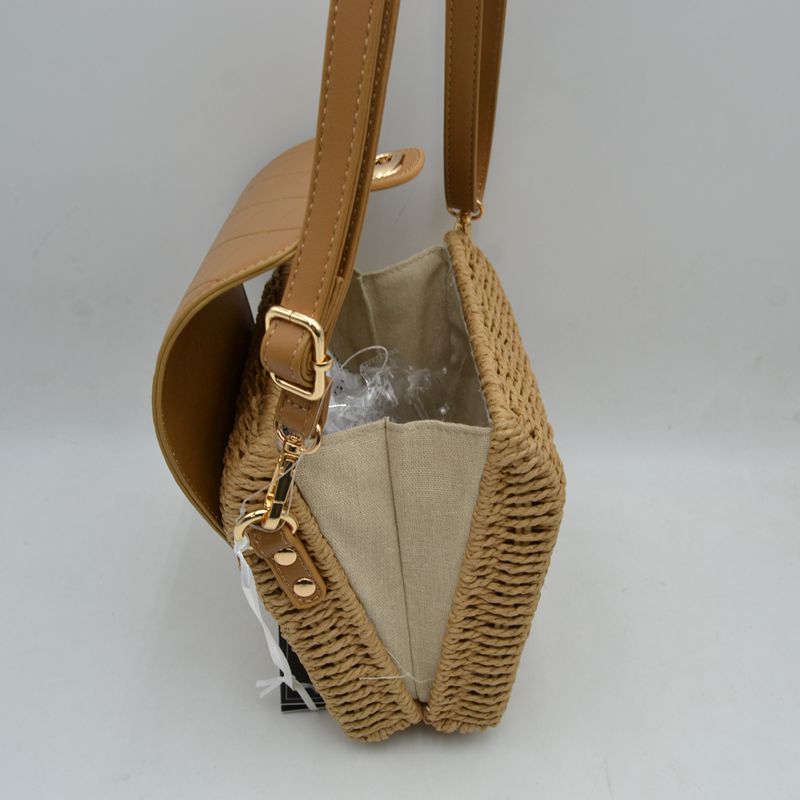 Quilted Flap Woven Straw Crossbody Bag with Adjustable Shoulder Strap - Crossbody Bag