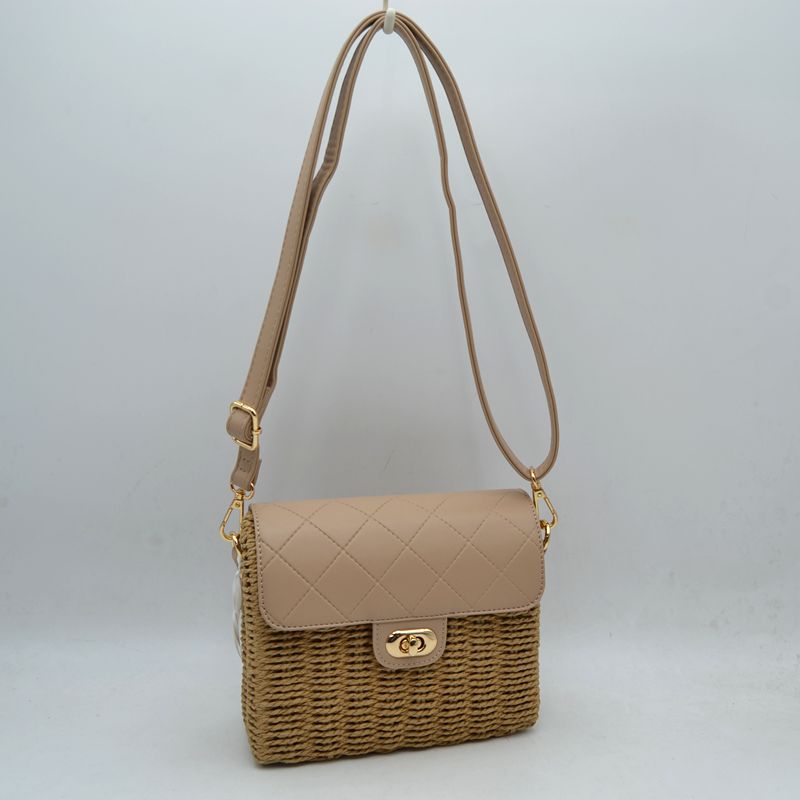 Quilted Flap Woven Straw Crossbody Bag with Adjustable Shoulder Strap - Tan - Crossbody Bag