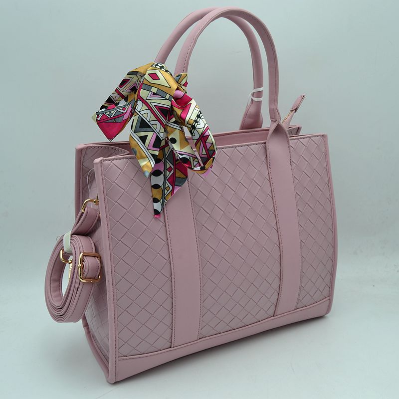 Woven Texture Tote Bag with Dual Top Handles and Scarf Accent - Blush - Tote Bag