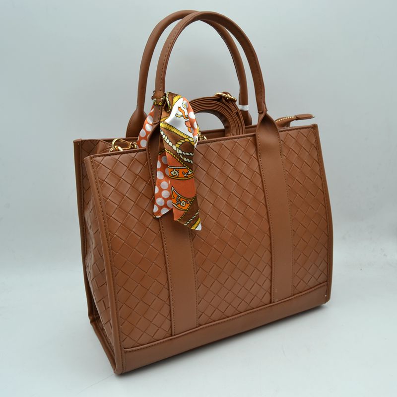 Woven Texture Tote Bag with Dual Top Handles and Scarf Accent - Brown - Tote Bag