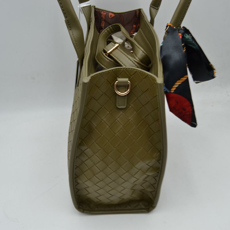 Woven Texture Tote Bag with Dual Top Handles and Scarf Accent - Tote Bag