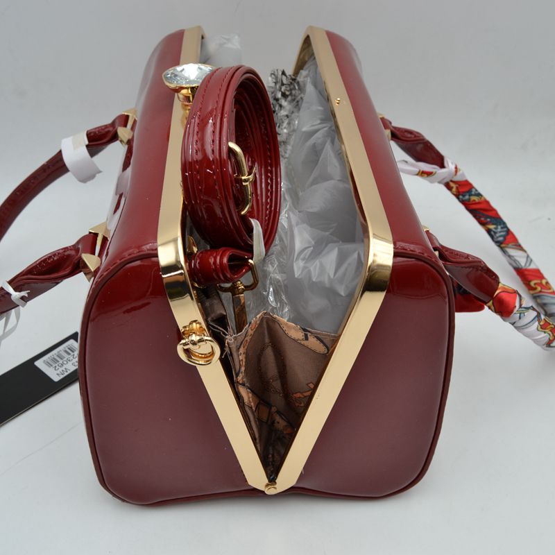 Glossy Patent Leather Barrel Handbag with Scarf-Wrapped Handle - Red - Barrel