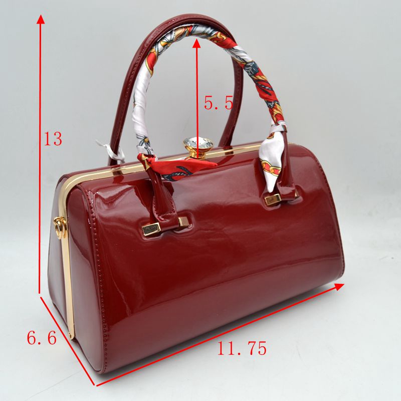 Glossy Patent Leather Barrel Handbag with Scarf-Wrapped Handle - Red - Barrel