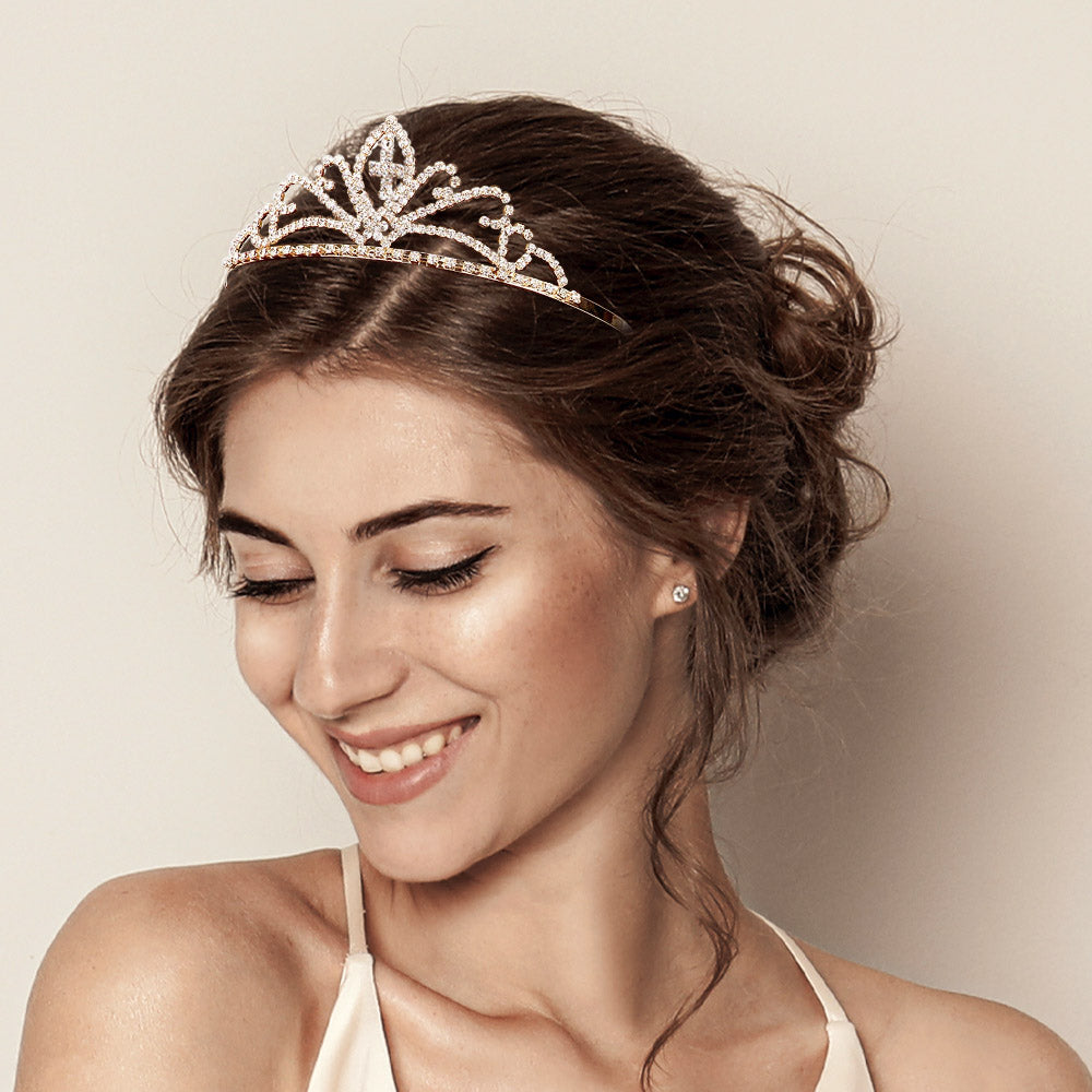 Madeline Love Clear, Gold Crystal Rhinestone Pave Cross Drop Tiara - Hair Accessories