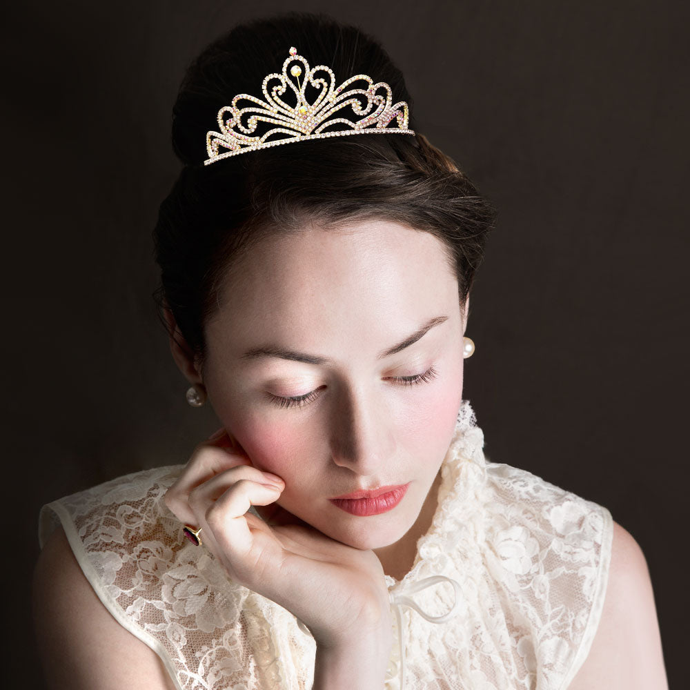 Madeline Love AB, Gold Round Stone Accented Princess Tiara - Hair Accessories