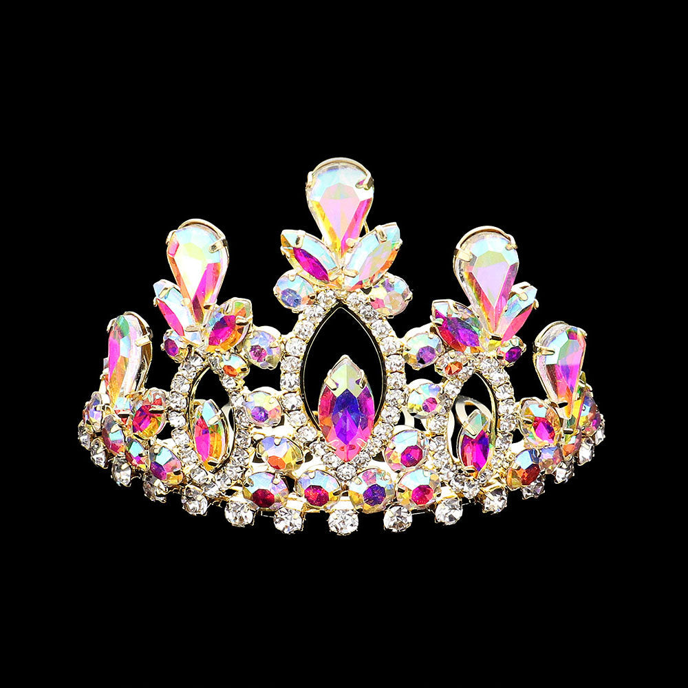 Madeline Love AB, Gold Marquise Teardrop Stone Cluster Embellished Princess Mini Tiara - Hair Accessories