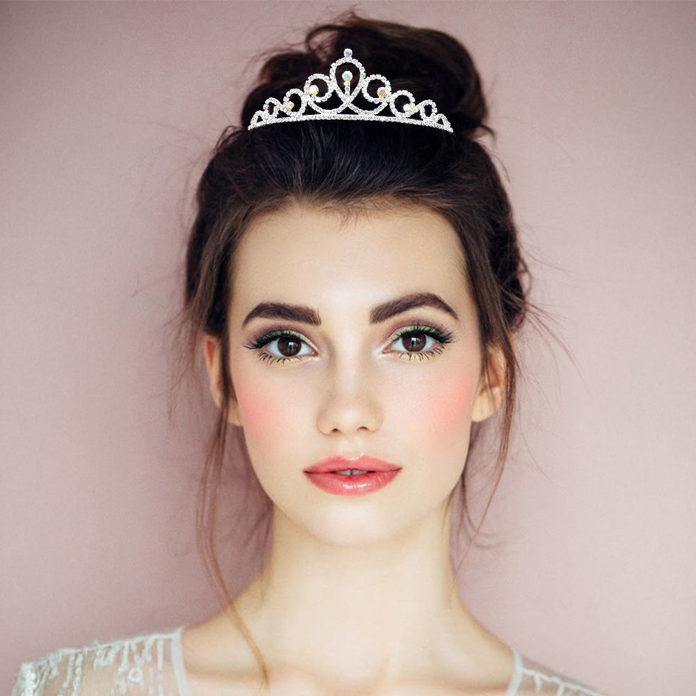 Madeline Love AB, Silver Round Crystal Accent Rhinestone Paved Princess Tiara - Hair Accessories