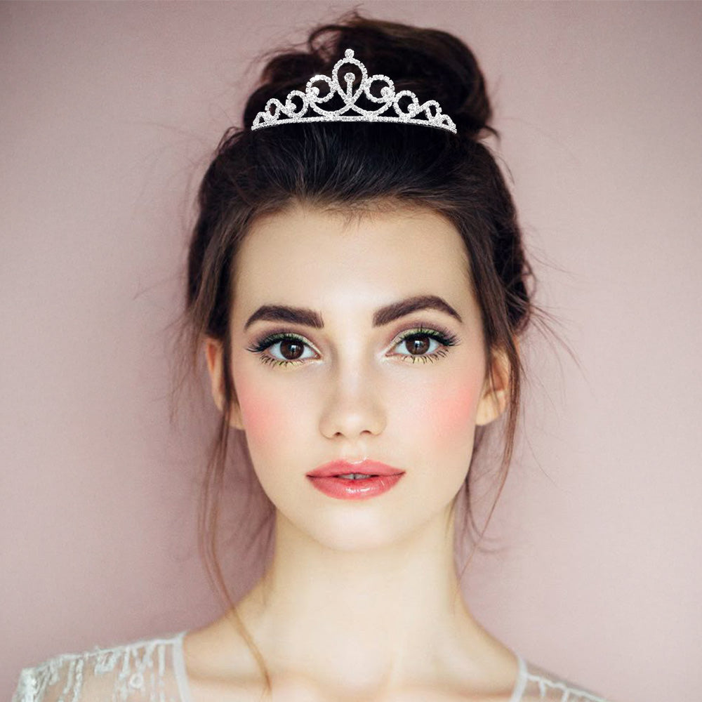 Madeline Love Clear, Silver Round Crystal Accent Rhinestone Paved Princess Tiara - Hair Accessories