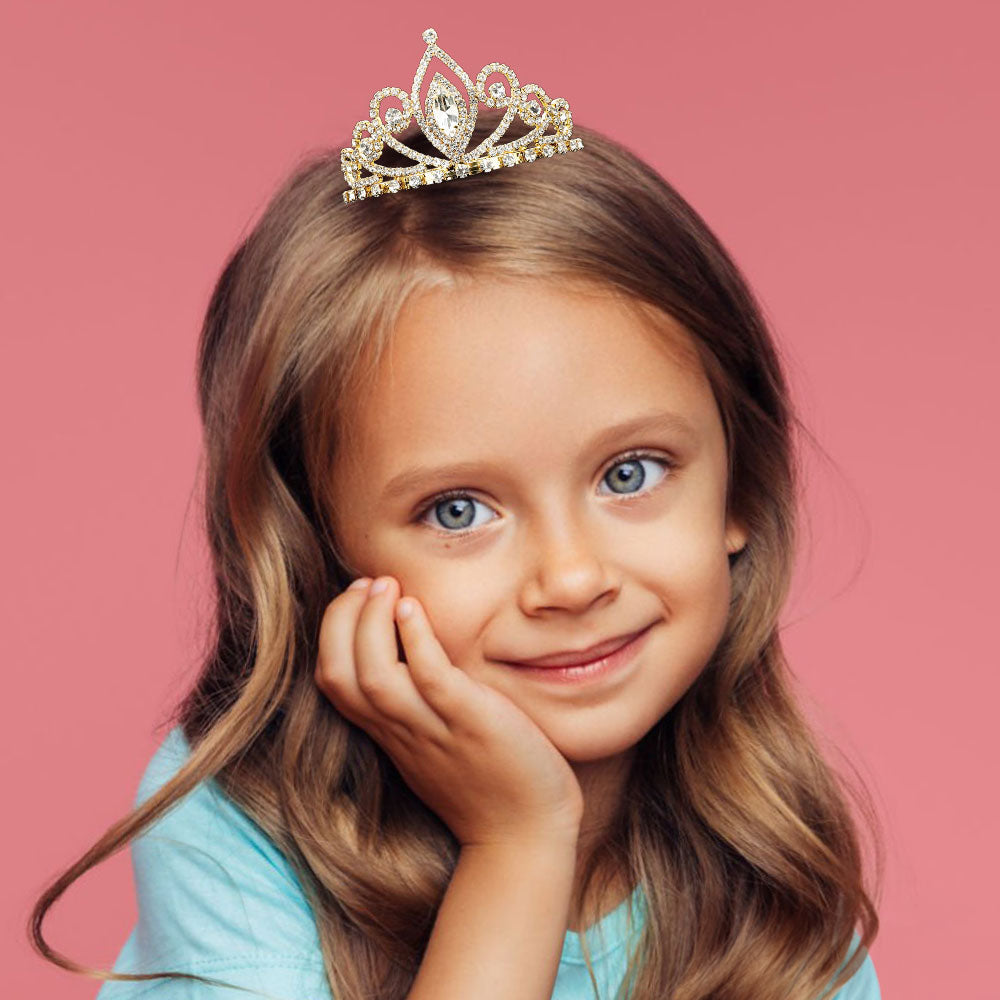 Madeline Love Clear, Gold Marquise Stone Cluster Accent Crystal Rhinestone Paved Princess Crown Mini Tiara - Hair Accessories