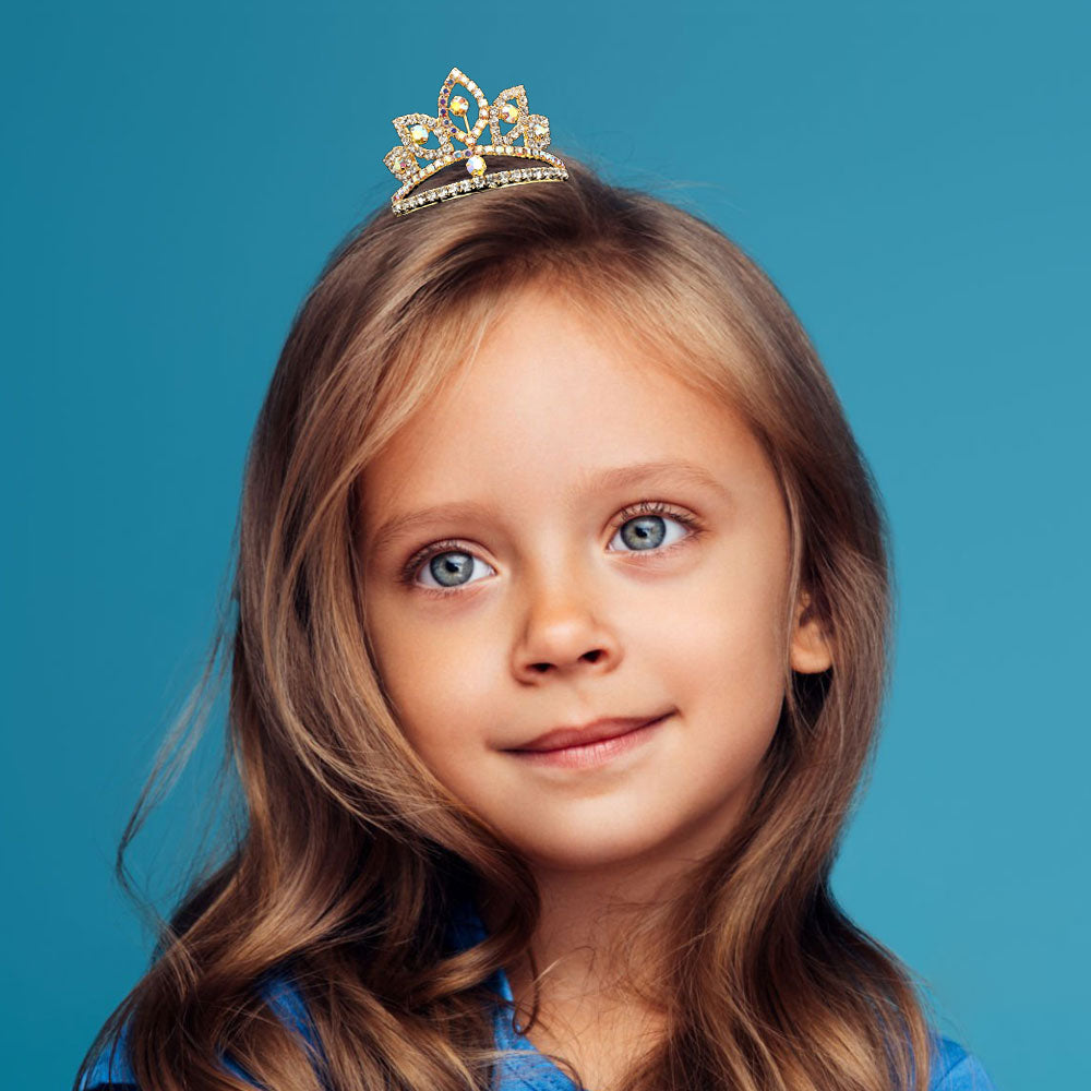 Madeline Love AB, Gold Round Stone Cluster Accent Rhinestone Princess Crown Mini Tiara - Hair Accessories