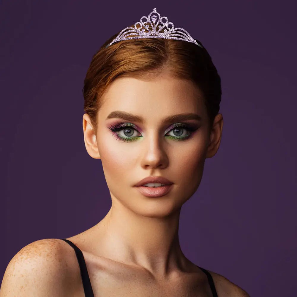 Madeline Love Amethyst , Silver Teardrop Centerpiece Rhinestone Paved Flowing Crown Princess Tiara - Hair Accessories