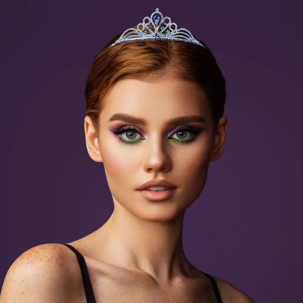 Madeline Love Sapphire, Silver Teardrop Centerpiece Rhinestone Paved Flowing Crown Princess Tiara - Hair Accessories