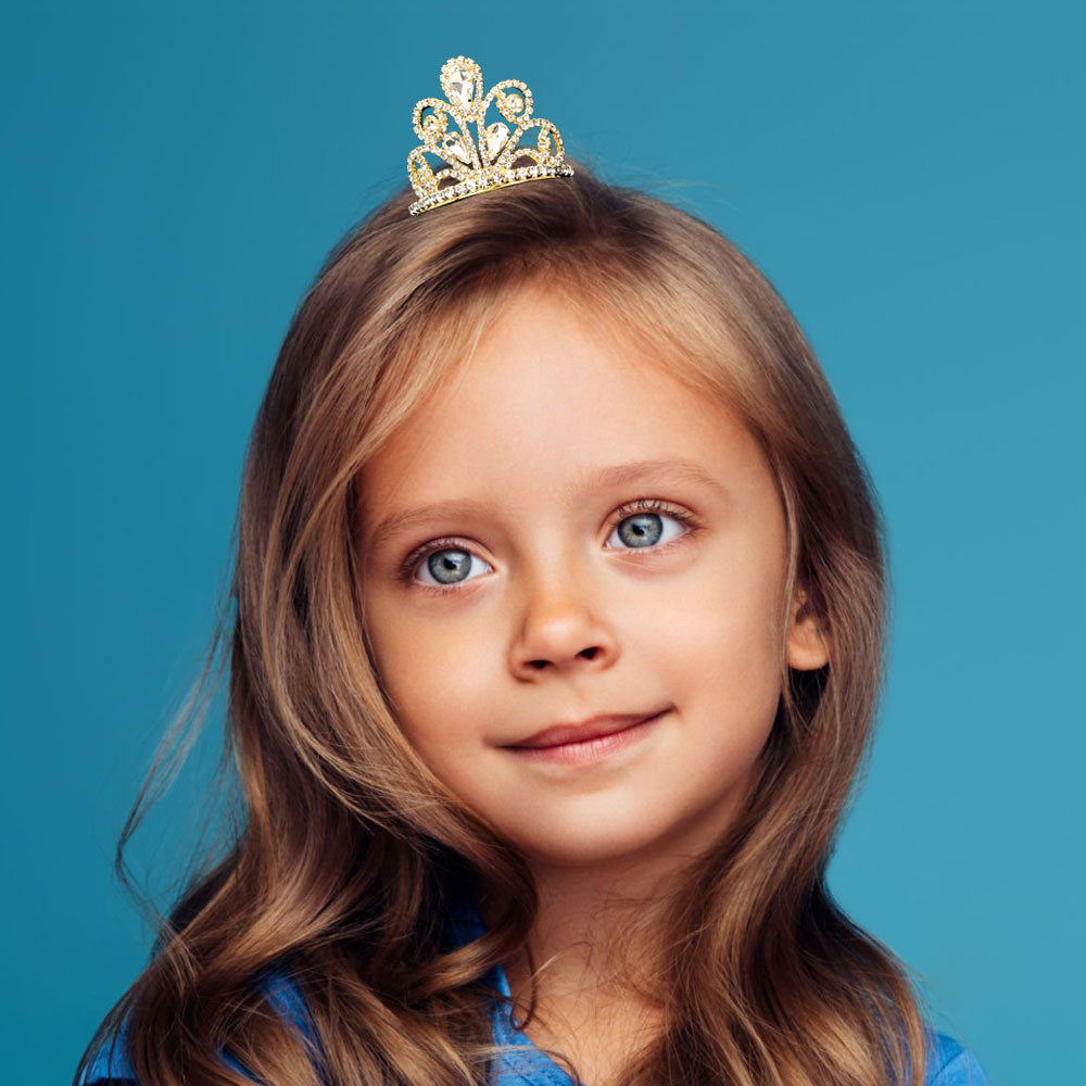 Madeline Love Clear, Gold Teardrop Stone Cluster Rhinestone Paved Mini Tiara - Hair Accessories