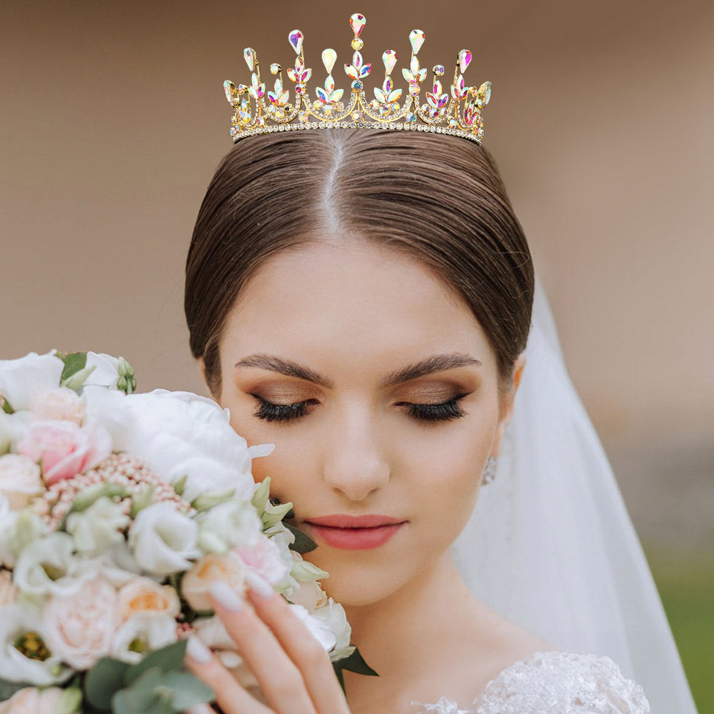 Madeline Love AB, Gold Teardrop Marquise Stone Cluster Embellished Princess Tiara - Hair Accessories