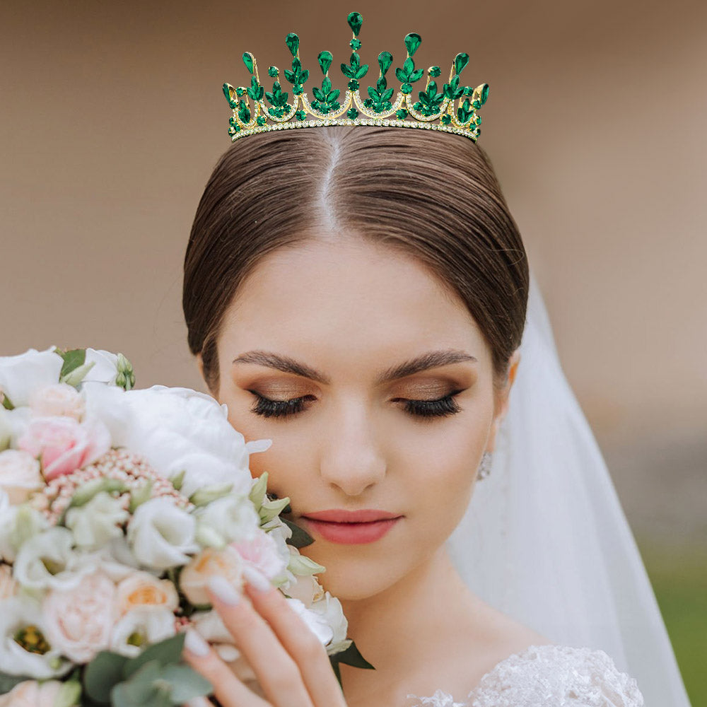 Madeline Love Emerald, Gold Teardrop Marquise Stone Cluster Embellished Princess Tiara - Hair Accessories