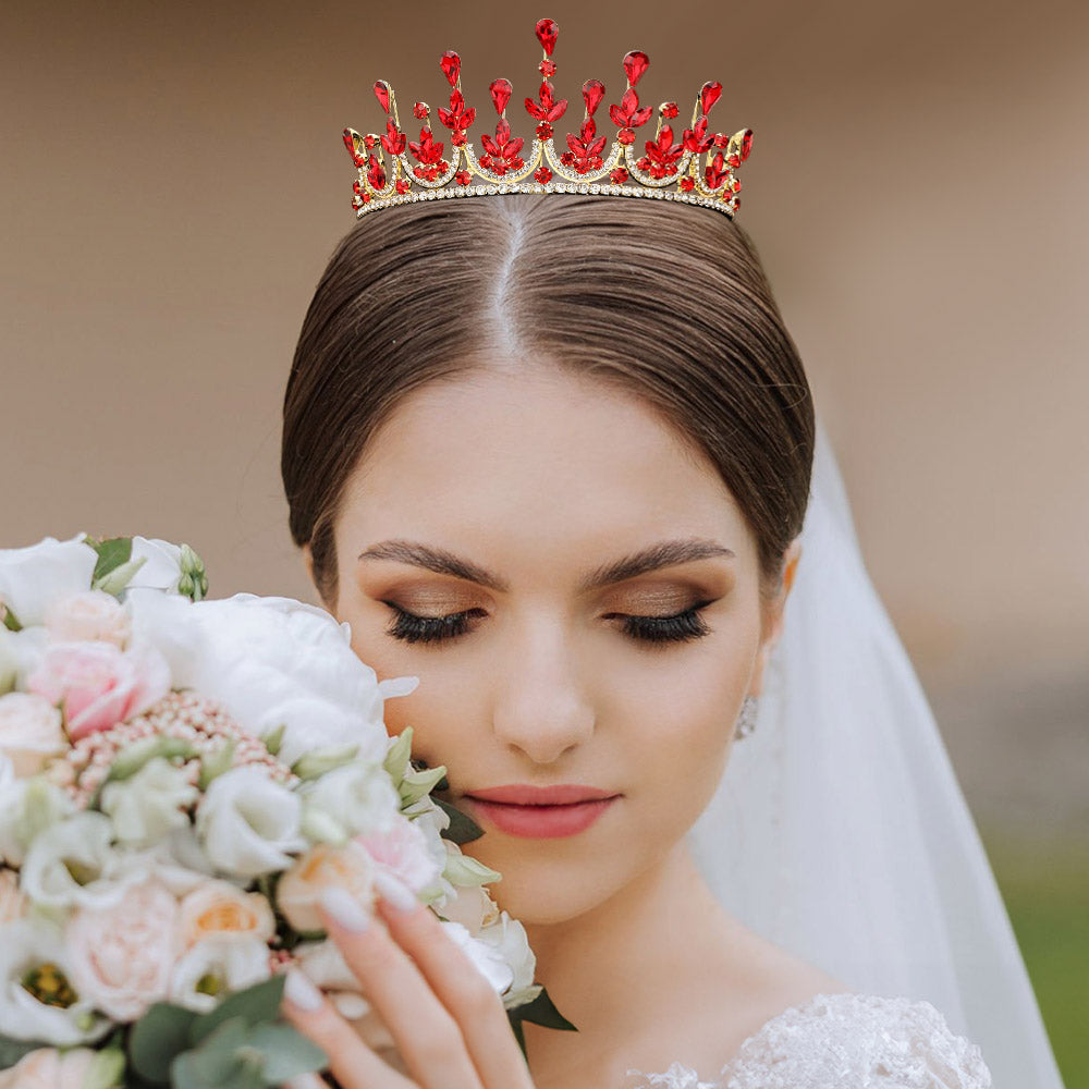 Madeline Love Gold, Red Teardrop Marquise Stone Cluster Embellished Princess Tiara - Hair Accessories