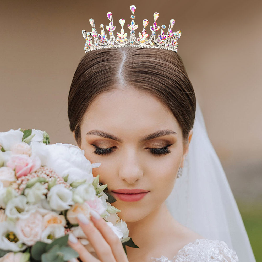 Madeline Love AB, Silver Teardrop Marquise Stone Cluster Embellished Princess Tiara - Hair Accessories