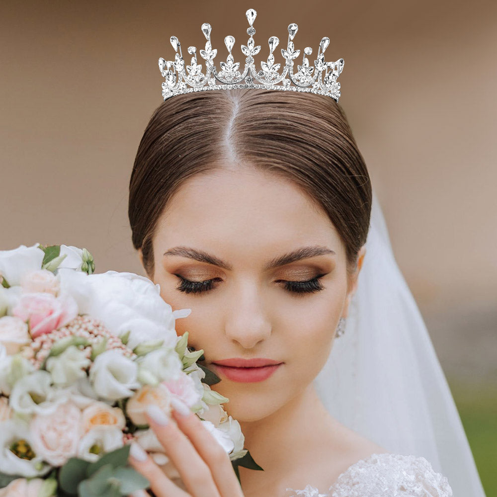 Madeline Love Clear, Silver Teardrop Marquise Stone Cluster Embellished Princess Tiara - Hair Accessories
