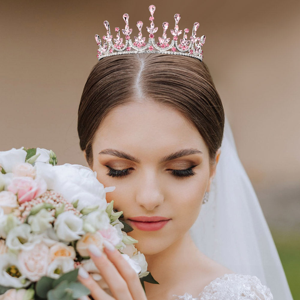 Madeline Love Light, Rose Teardrop Marquise Stone Cluster Embellished Princess Tiara - Hair Accessories
