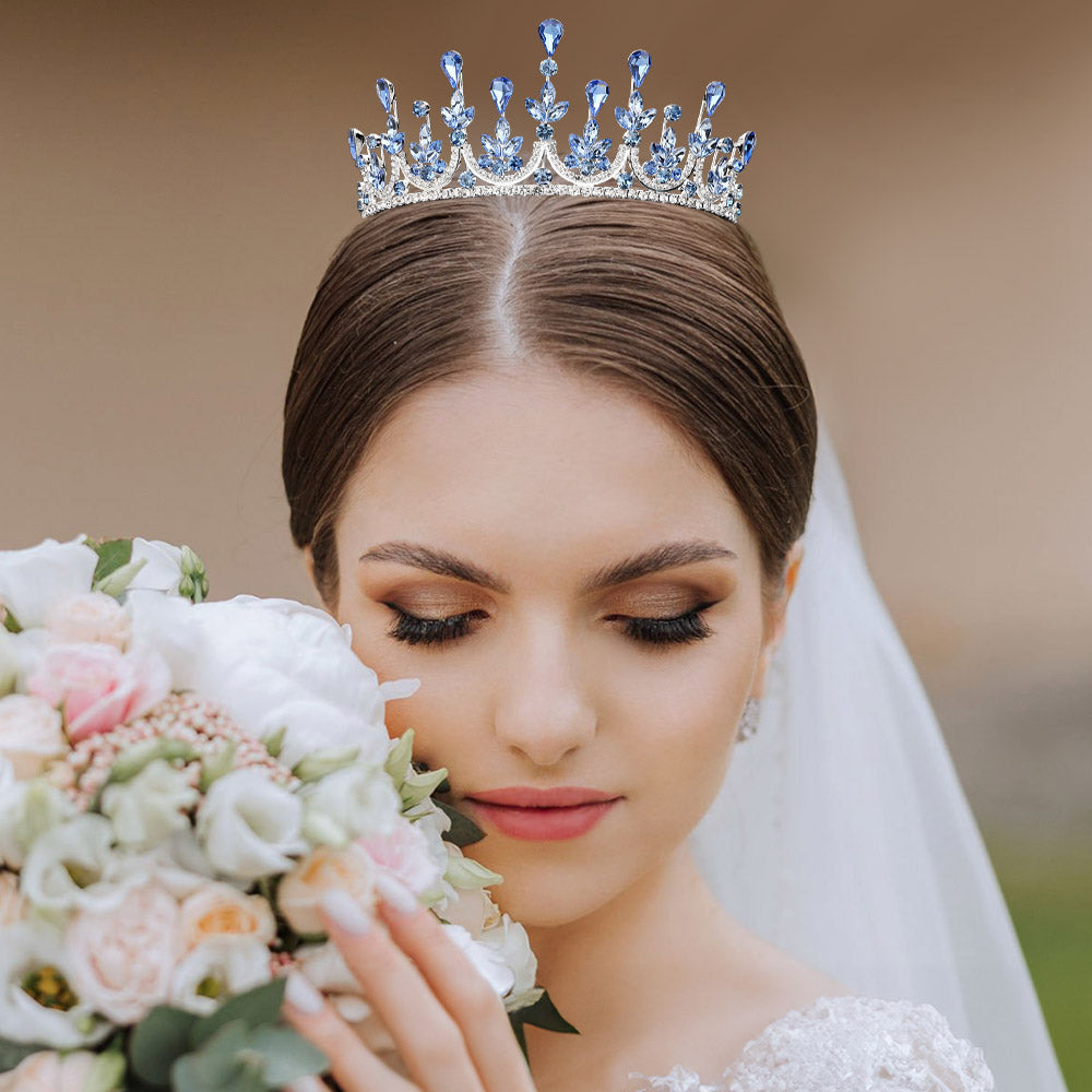Madeline Love Light, Sapphire, Silver Teardrop Marquise Stone Cluster Embellished Princess Tiara - Hair Accessories