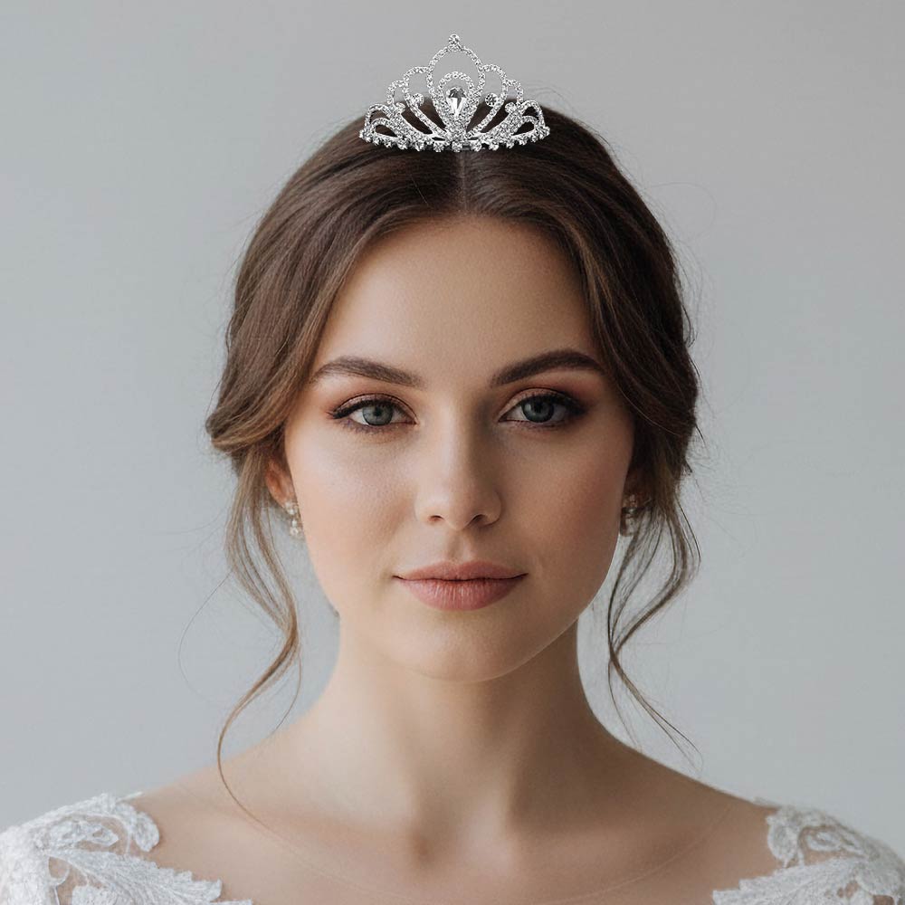 Madeline Love Clear, Silver Teardrop Stone Accent Rhinestone Paved Mini Princess Tiara - Hair Accessories