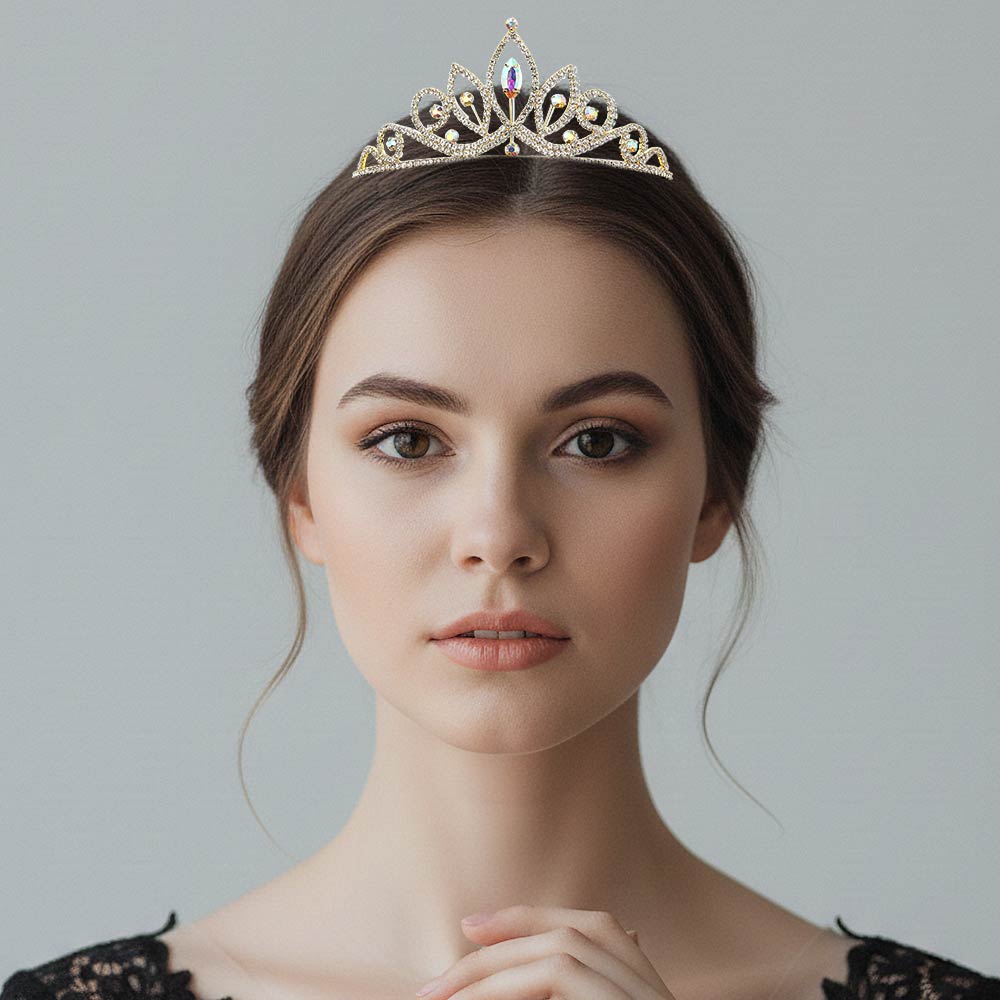 Madeline Love AB, Gold Marquise Stone Cluster Centered Rhinestone Pave Princess Tiara - Hair Accessories
