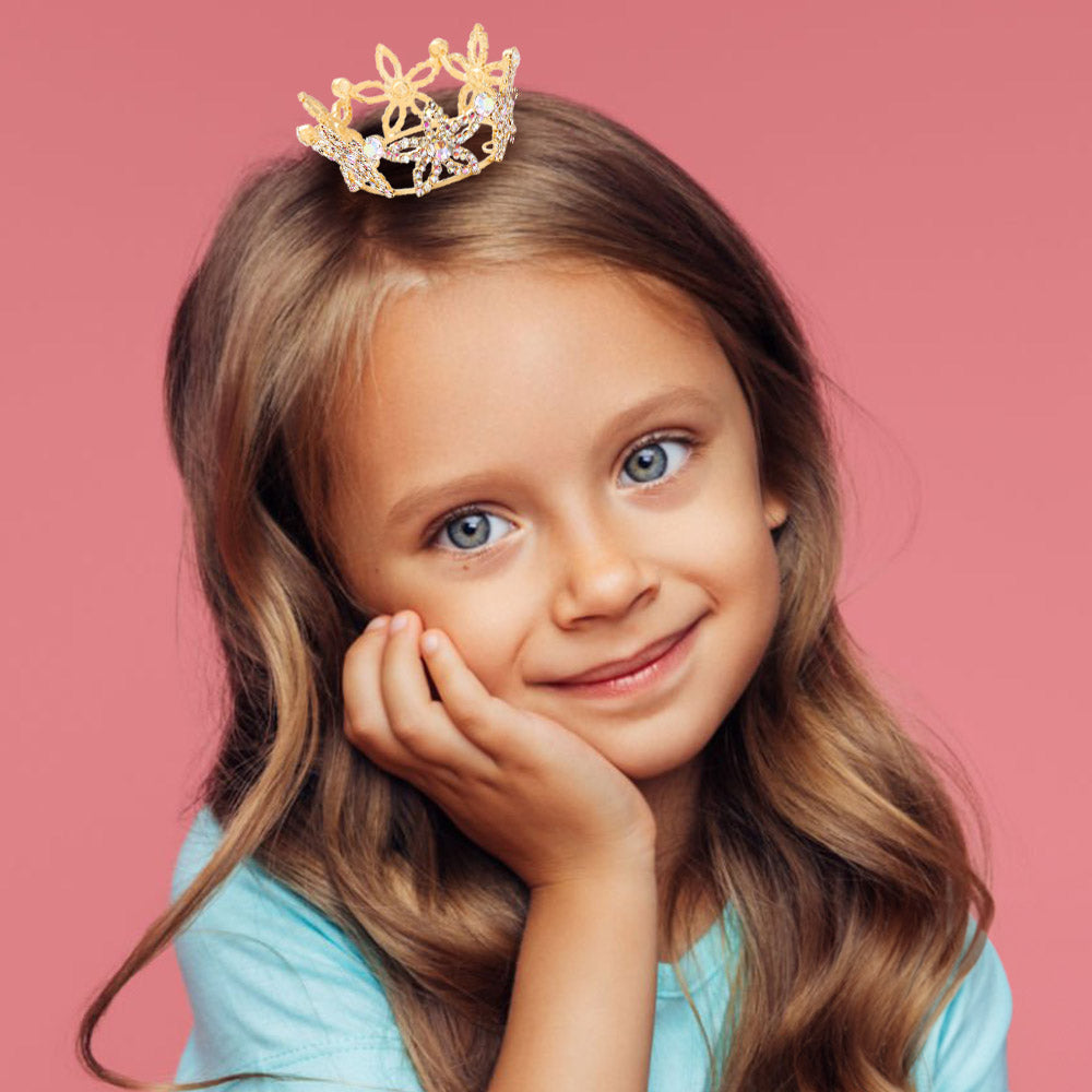 Madeline Love AB, Gold Rhinestone Pave Flower Mini Crown Tiara - Hair Accessories
