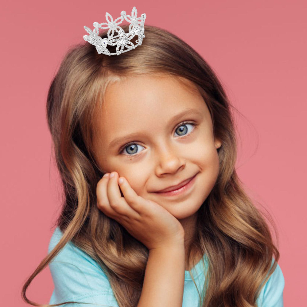 Madeline Love Clear, Silver Rhinestone Pave Flower Mini Crown Tiara - Hair Accessories
