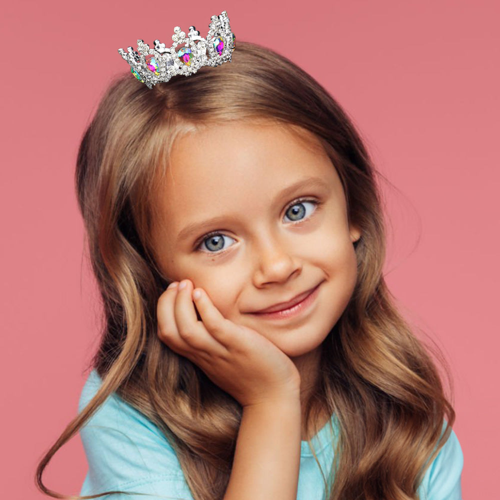 Madeline Love AB, Clear, Silver Crystal Teardrop Rhinestone Pave Crown Mini Tiara - Hair Accessories